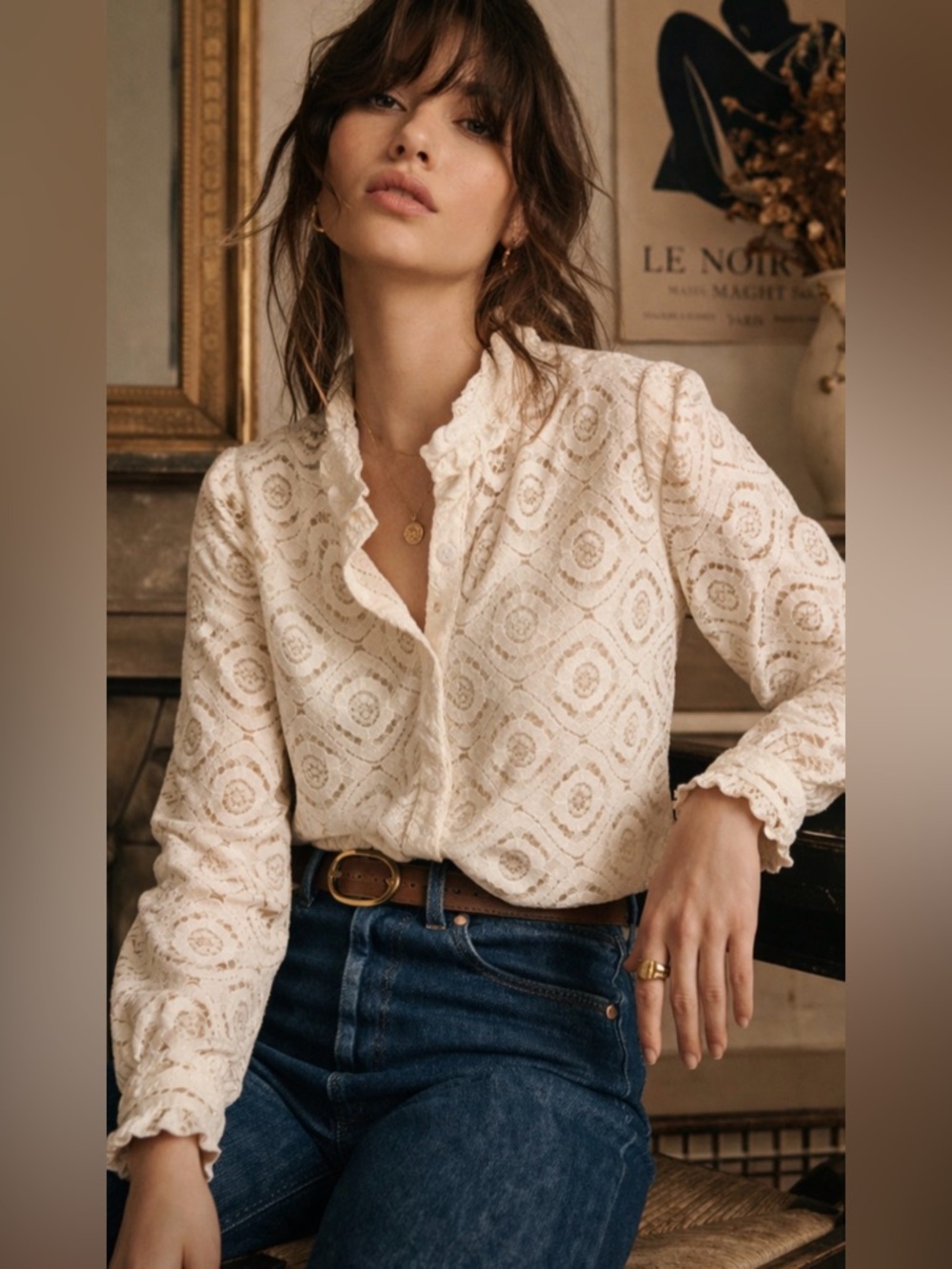 FRNCH Paris Lace Blouse, Cream Romantic Top, Size S